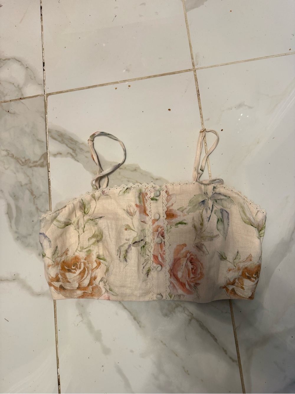 LoveShackFancy Cream Lace-Trim Bralette with Red Nails Accent